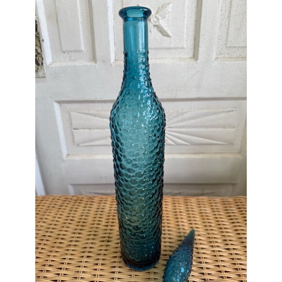 Vintage MCM Empoli Italy Glass Bottle Decanter Turquoise Blue Hobnail Bubble 22" - Picture 2 of 16